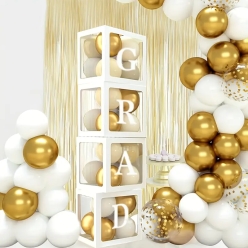 Grad White Balloon Boxes w/Gold & White Balloons